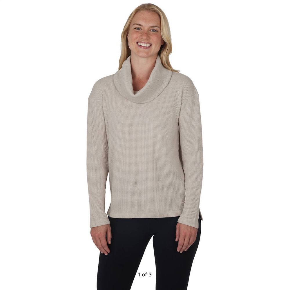 NWOT Yogalicious Lux Brushed Waffle Cowl Neck Long Sleeve Top - Tan - Size Small